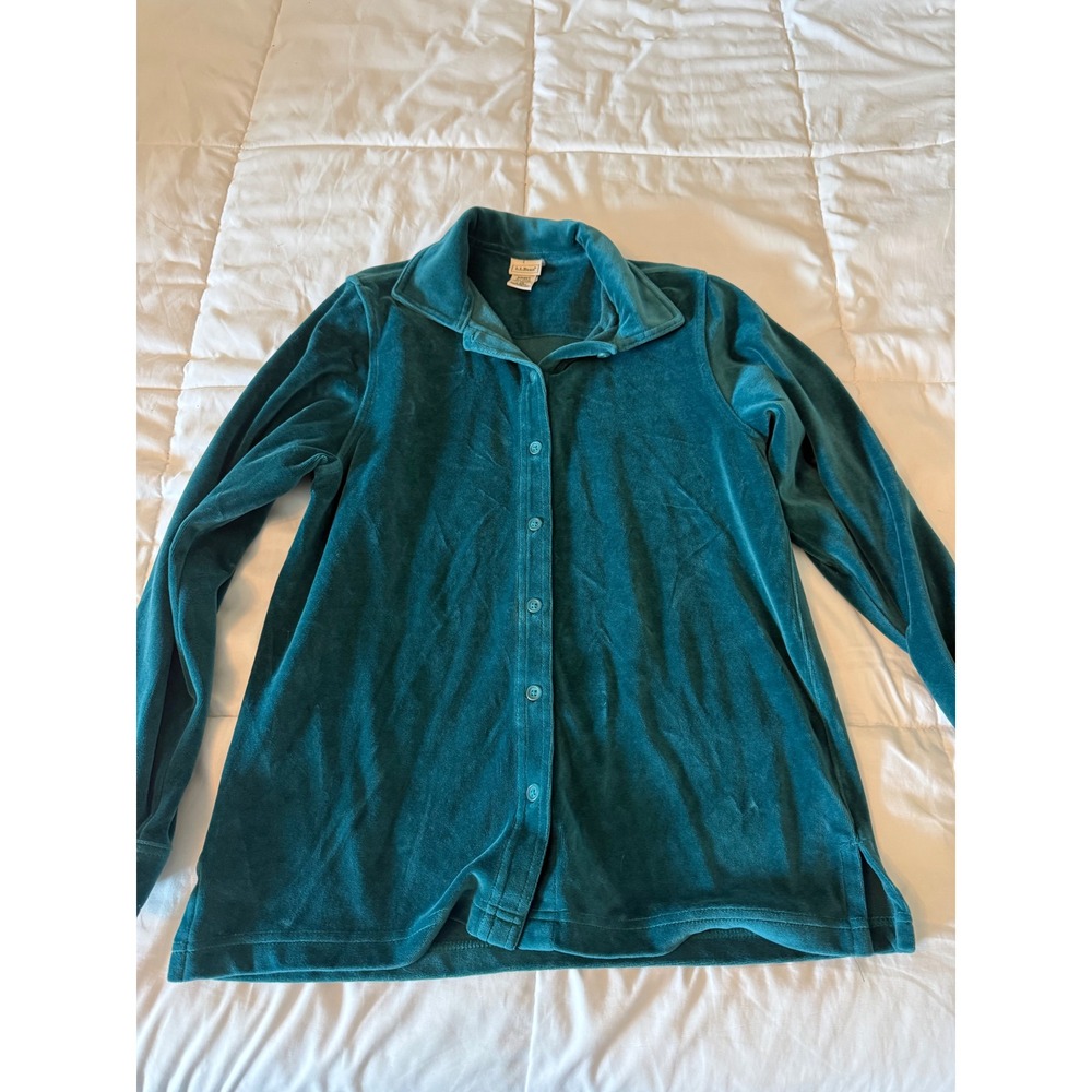 LL Bean Women Teal Blue Velour Button Down Shirt Long Sleeve XS 0DHP1